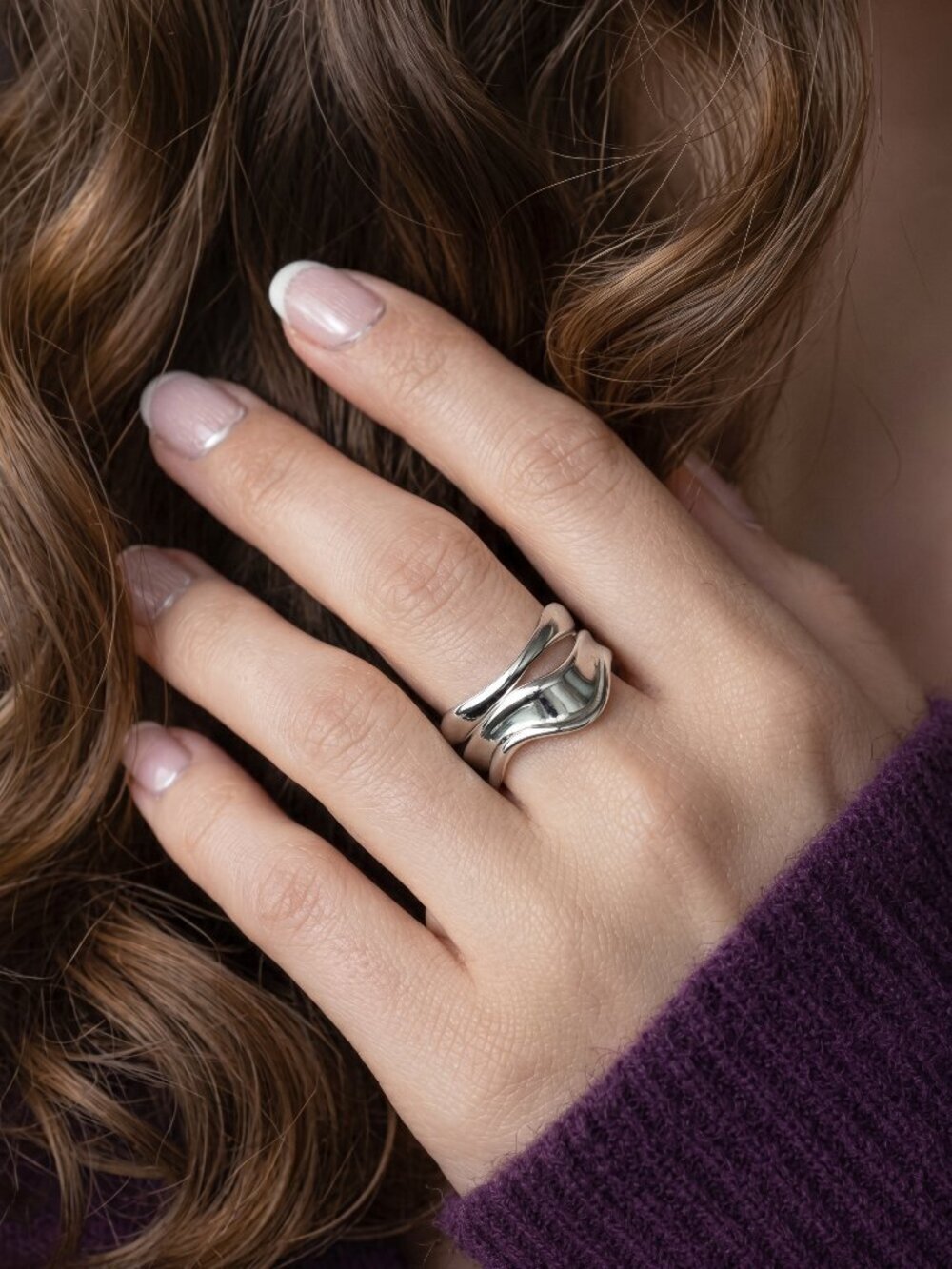 18K White Gold Plated Stainless Steel Open Wave Ring Minimalist Adjustable 7-9 - Picture 6 of 14